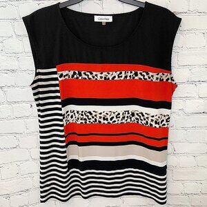 CALVIN KLEIN ANIMAL LEOPARD PRINT STRIPE SLVLS TOP